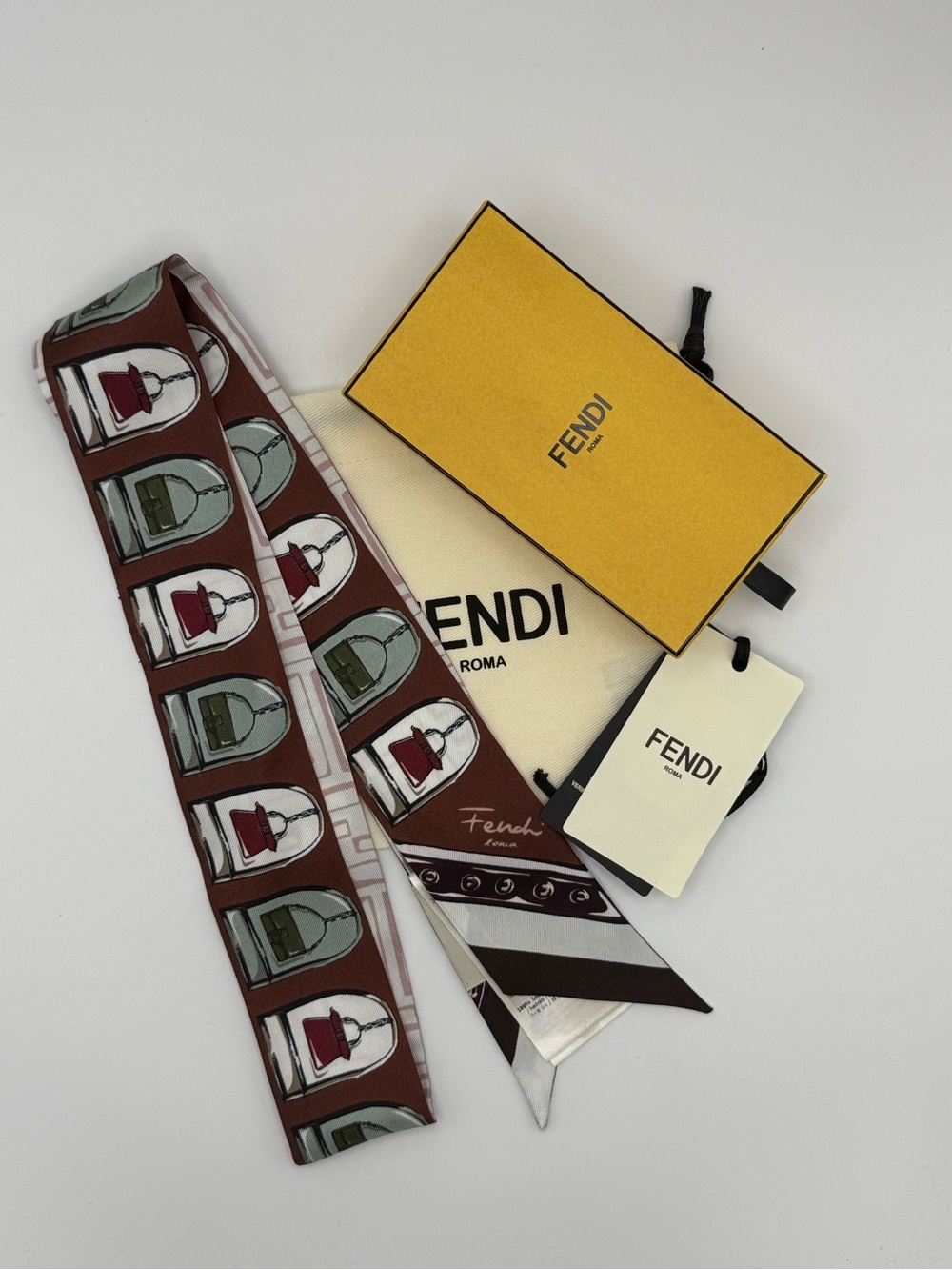 Fendi Silk Bag Print Twilly Scarf Brown Multicolor